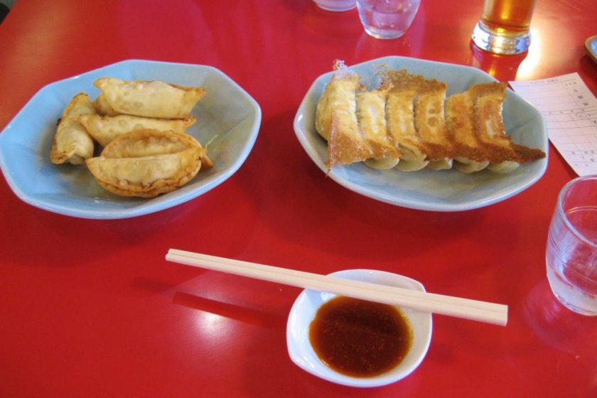 Delicious gyoza! Deep-fried on the left; pan-fried on the right