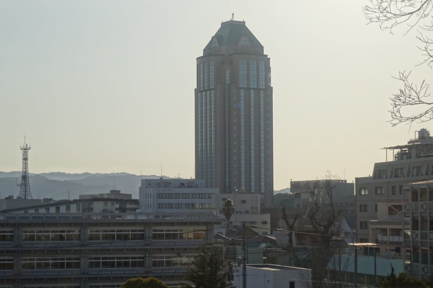 The Imabari Kokusai Hotel looms over the city skyline at dusk