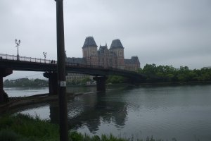 As you step off the train, you can immediately see the bridge and what looks like a castle.