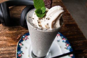 Finish off your meal at Vegans Cafe with a black sesame and banana soy shake!