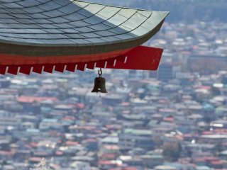 Close-up of the pagoda roof, high above the rooftops of Fujiyoshida City