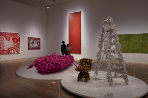 Works such as Yayoi Kusama's "Pink Boat" are on display