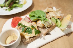 Grilled Chicken & Gruyère Cheese Tartine with Mushrooms, Arugula, and 3 Mustards