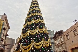 The enormous Christmas tree at Universal Studios Japan during the holiday season