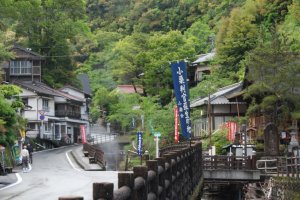 Yunomine onsen is surrounded by lush green mountains