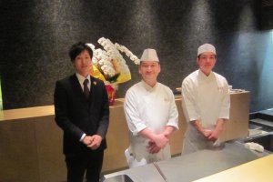 From left: Mr. Yuhei Kijima, the sommelier; Master chef, Mr. Hisamitsu Hataji; an Apprentice chef who declined to divulge his name. I&#39;m sure he&#39;ll make a great chef one day!