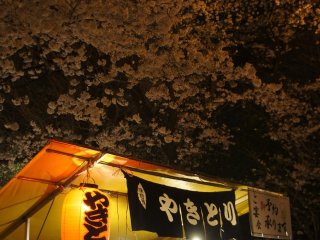 Stalls beneath the sakura trees in full bloom call out for customers at the Yasukuni Shrine in the neighborhood. Food and drinks cannot miss to fully enjoy the blossoms and the party.