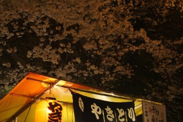 Stalls beneath the sakura trees in full bloom call out for customers at the Yasukuni Shrine in the neighborhood. Food and drinks cannot miss to fully enjoy the blossoms and the party.