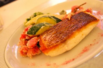 <p>Room Service for dinner included Tokyo snapper with tempura fried blossoms and vegetables</p>