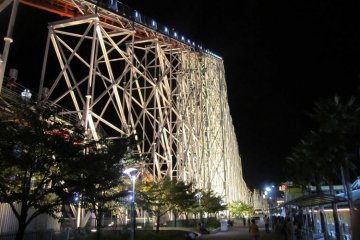 Scary by day, even scarier at night! The wooden coaster, White Cyclone!