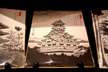 <p>Painting of&nbsp;Nobunaga&rsquo;s Azuchi-jo Castle on display at Shincho Saryo cafe</p>