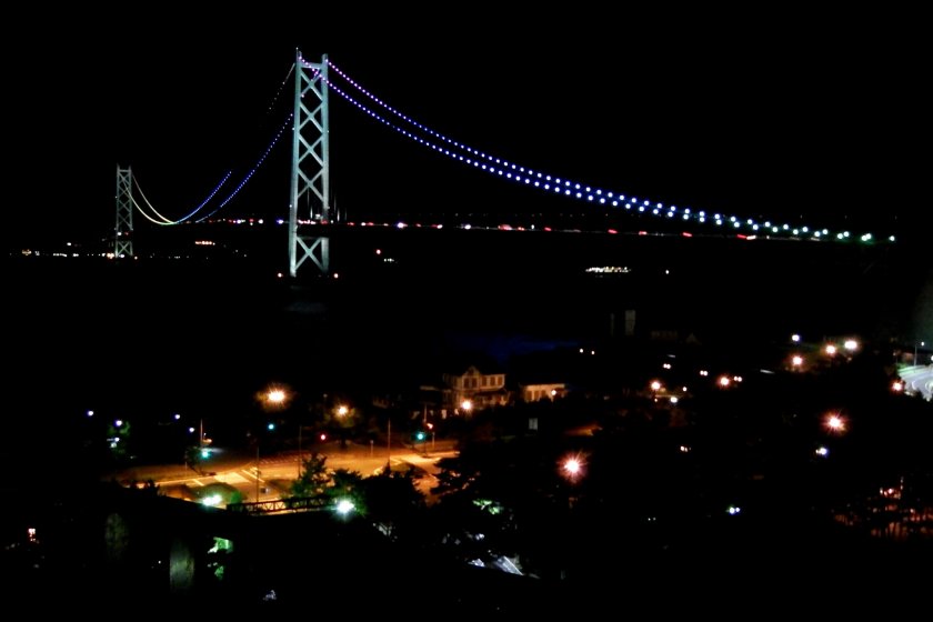 Beautiful night view of Great Akashi Strait Bridge seen from our hotel room window