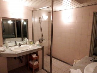 This bathroom has a separate shower booth