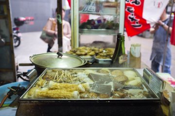 Oden, a variety of Japanese ingredients boiled and soup and eaten with spicy mustard.