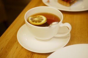 A warm cup of lemon Ceylon tea.