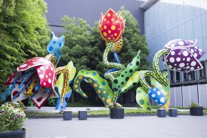 The polka-dotted flower installation of world famous Japanese artist Yayoi&nbsp;Kusama, at the Matsumoto City Museum of Art