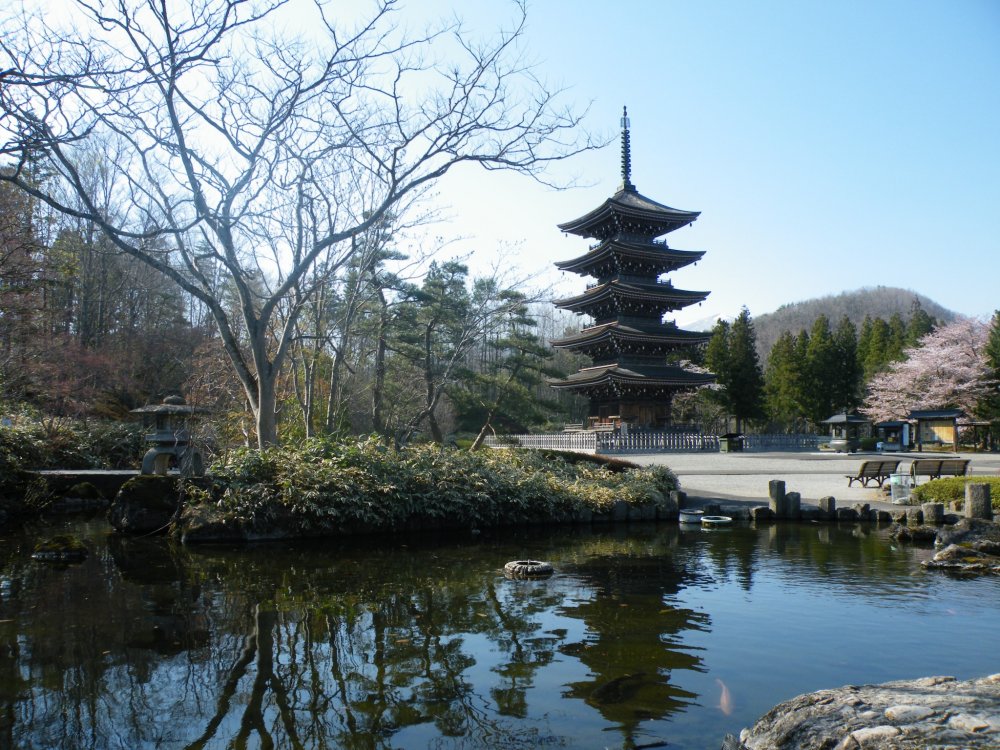 The koi pond with a reflection of the pagoda