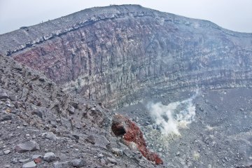 <p>Along the top of the volcano</p>