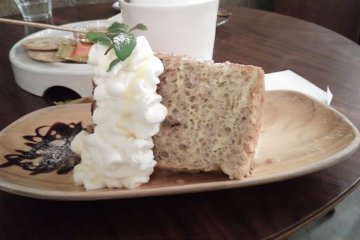 <p>A very generous helping of chiffon cake with cream and chocolate sauce</p>