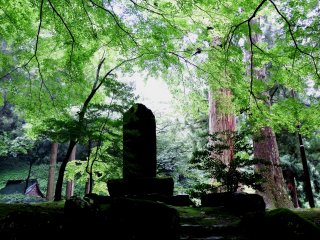 Stone statue standing in the serene woods along the pathway leading to the entrance gate of Eiheiji temple