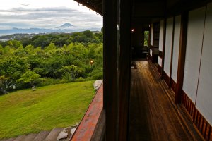Wonderful views of the garden and Mt. Fuji while walking through the wooden passageway from our tatami room