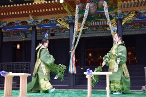 The Kagura dance &quot;Aoba no Mai&quot; is performed as a form of worship to kami&nbsp;(Shinto gods) at the shrine