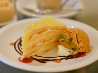 A delectable dessert: mille crepe with ice-cream
