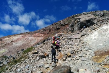 <p>Climbing Chausu-dake &ndash; an active volcano</p>