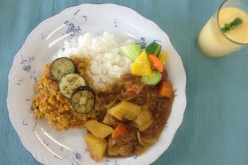 <p>Home-made Japanese curry on rice; they were even two types to choose from!</p>