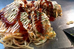 Topped with mayonnaise and Otafuku okonomiyaki sauce