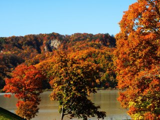 Puncak dari dedaunan musim gugur di penghujung Oktober bertempat di tepi Danau Kanayama di Minamifurano