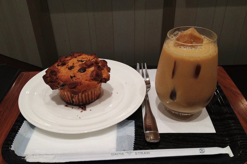 A refreshing iced latte and delicious muffin