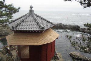 The rebuilt Rokkakudo seen from above, perched on the cliffs of Izura below Okakura Tenshin's home