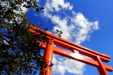 <p>The first red torii gate reaching high up to the blue sky. From here, you must climb many stone steps to reach the shrine.</p>