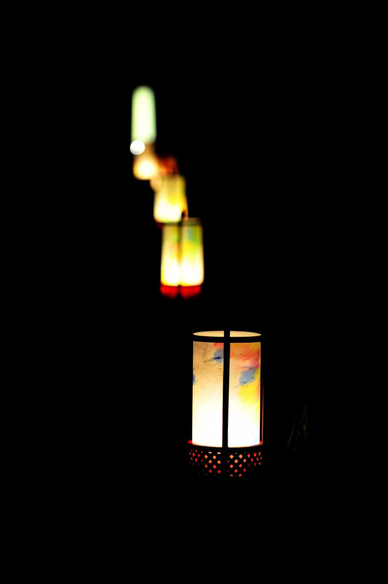 <p>Lit-up lanterns placed regularly alongside the pathway</p>