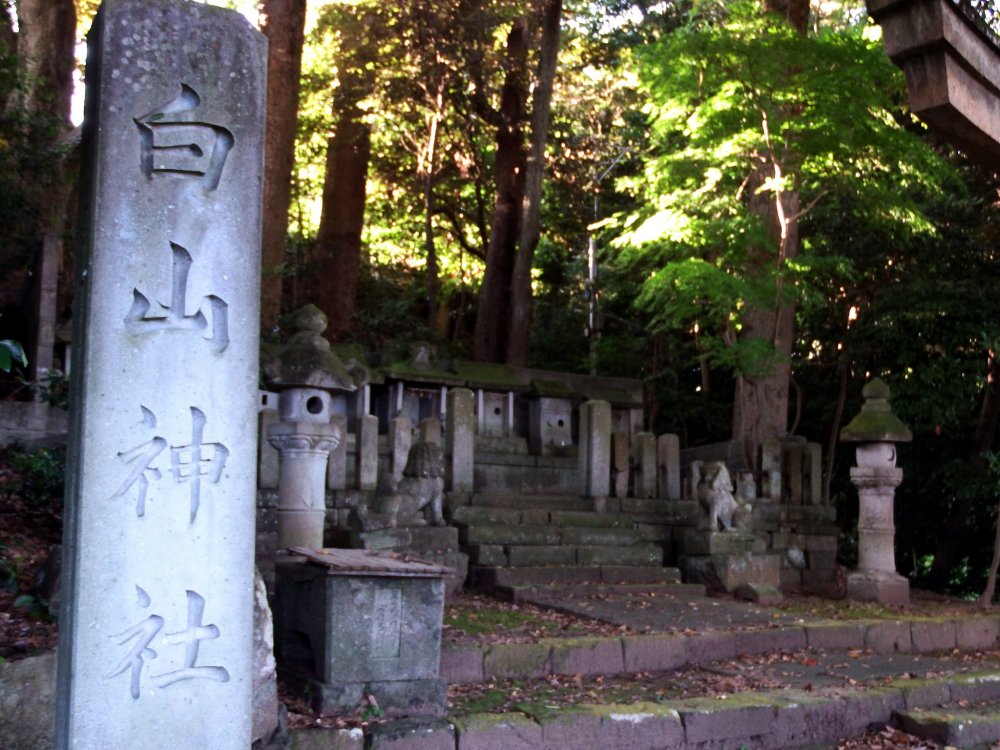 白山神社の石柱。後ろには小さな石の祠が行儀よく並んでいる。