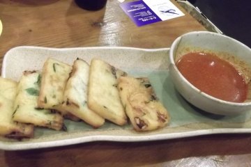 <p>Chijimi Korean-style pancakes, with spicy dipping sauce</p>