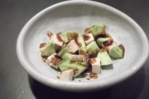 My side dish, avocado and foie gras with soy sauce and wasabi