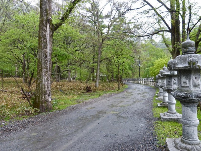 Stone lanterns line the temple's approach.