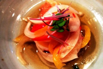 Salmon with onion and capsicum Namban zuke, where Southern Europe meets Japan.