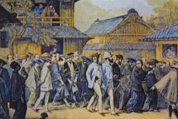An artist's rendition of Humbert and his entourage walking the streets of Edo, or perhaps Yokohama.