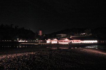 <p>Itsukushima Shrine from a distance, with Daisho-in Temple behind it on the hill</p>