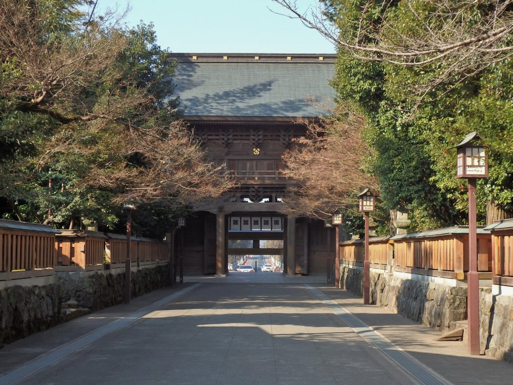 View of the main gate from within the grounds. The gate was rebuilt in 2000 to commemorate the 1,450th anniversary of the shrine.