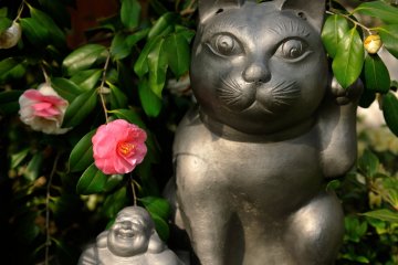 <p>Maneki-neko (welcome cat) at the entrance gate invites you inside the temple</p>