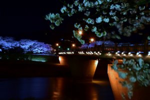 Close-up look at the thick pillars of illuminated Sakura Bridge