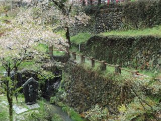 The ravine, with a small waterfall and statue of Fudo, are directly across the street from the main temple.
