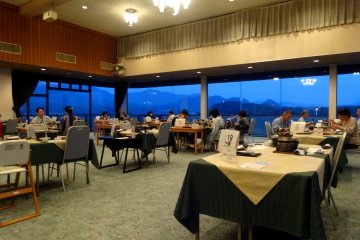 <p>The dining room boasts lovely views of Hagi&#39;s sea and mountains</p>