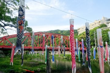 <p>The streamers make for a beautiful sight with the red bridge in the background</p>