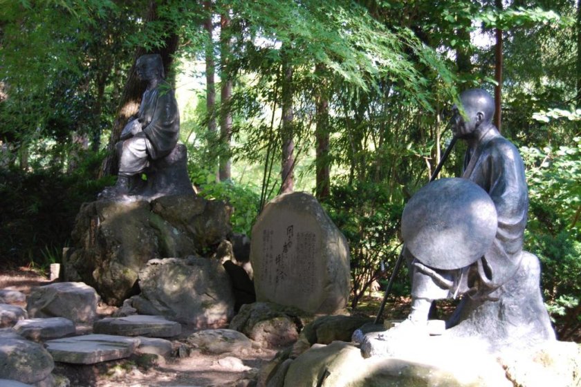 Basho and his disciple and travel companion at Yamadera