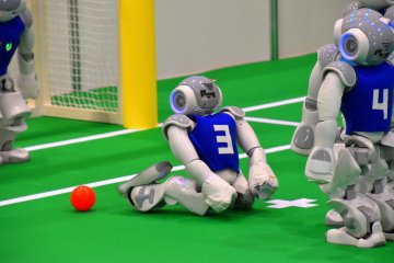 <p>No. 3 humanoid of Taiwan team tried to kick a ball into a goal and fell on his rear</p>